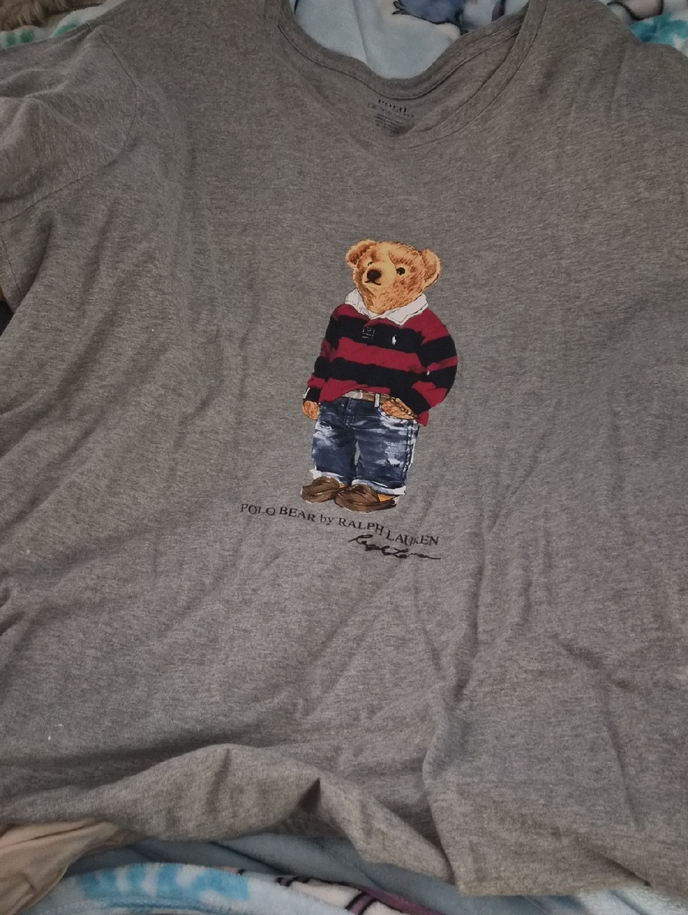 Ralph Lauren Grey Tee with Red & Black Striped Polo Bear